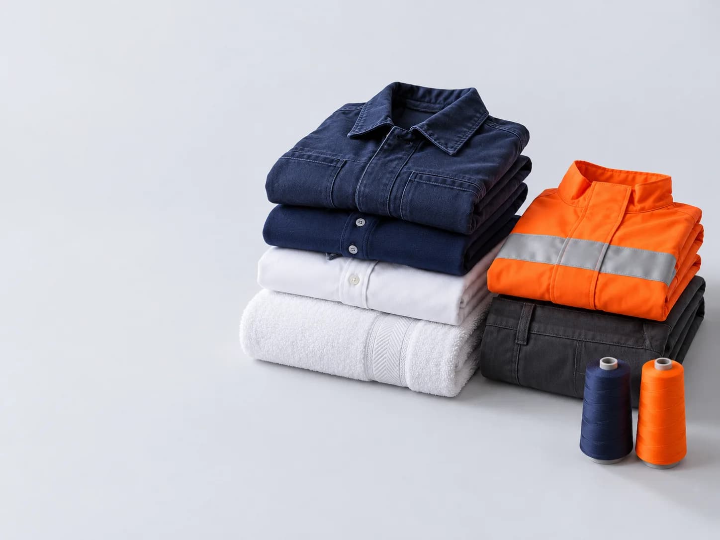 Folded stacks of an indigo work jacket, navy polo, white shirt, towel, charcoal trousers and an orange hi-vis jacket beside indigo and orange thread cones
