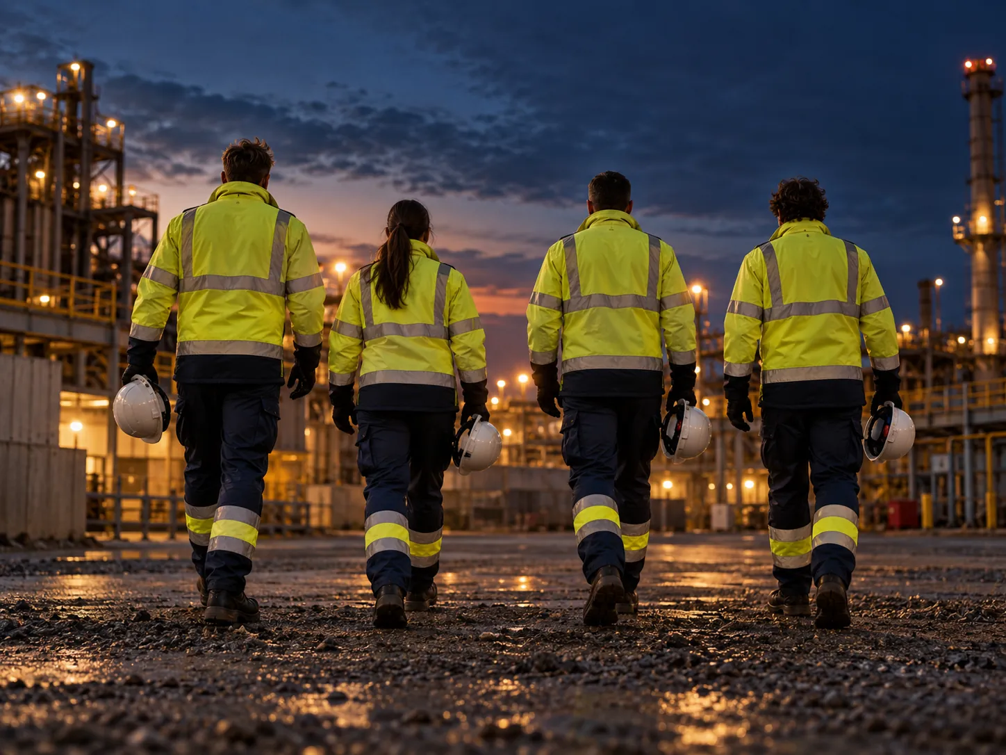 An emergency response team in high-visibility workwear walking at dusk